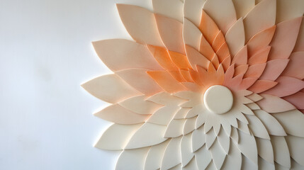 Obraz premium decorative wall art piece features layered petal like shapes arranged in radial pattern, transitioning from white to soft peach tones, creating subtle gradient effect