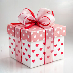 A beautifully wrapped Valentine&rsquo;s Day gift box featuring a pink and white heart pattern design, tied with an elegant pink satin ribbon. Perfect for romantic occasions like anniversaries, proposals, or