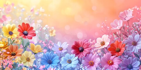 Bright banner featuring colorful spring flowers with copy space. Generative AI