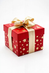 Fototapeta premium A luxurious red gift box adorned with a golden satin ribbon and festive star pattern, creating a perfect Christmas or holiday present. This elegant and sophisticated packaging is ideal for special occ