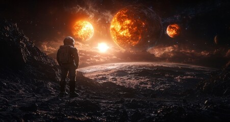 Fototapeta premium Exploration of a foreign planet an astronaut's journey outer space digital art cosmic environment dramatic viewpoint
