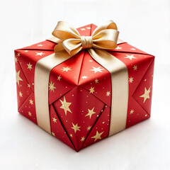 A luxurious red gift box adorned with a golden satin ribbon and festive star pattern, creating a perfect Christmas or holiday present. This elegant and sophisticated packaging is ideal for special occ