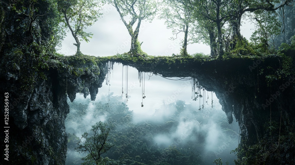 Poster suspended forest island with trees above misty landscape ethereal environment fantasy concept nature
