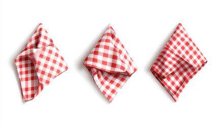 Obraz premium White empty and red gingham handkerchief mockup - realistic vector illustration set of folded cloth napkin or kitchen towel top view. Fabric textile tablecloth or restaurant serviette template.