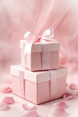 Fototapeta premium A romantic and elegant pink gift box adorned with delicate white ribbons and scattered rose petals, creating a dreamy, feminine, and luxurious aesthetic. Perfect for weddings, anniversaries, Valentine