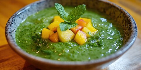 A delicious and nutritious avocado cold soup garnished with fresh mint leaves.