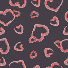 Seamless pattern with hand drawn pink hearts on grey background. Design for fashion, fabric, textile, packaging paper, gift paper. Valentines day concept.
