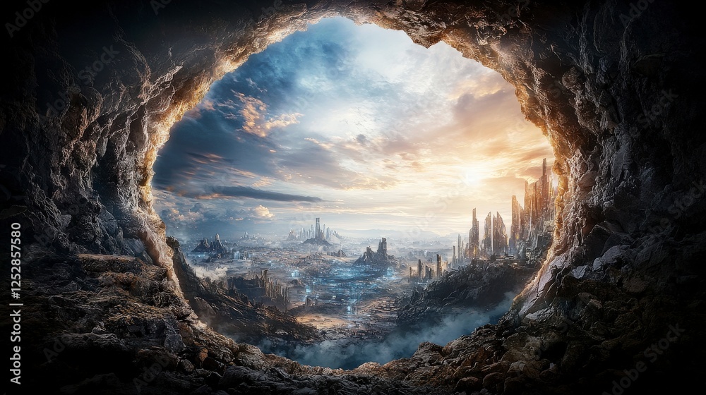 Poster Portal opening in the sky fantasy landscape digital art surreal environment wide viewpoint gateway between worlds