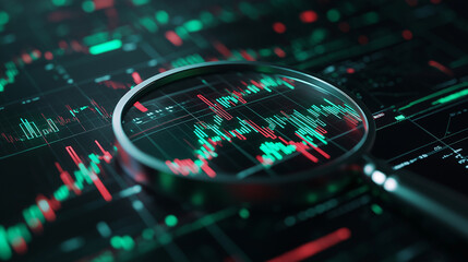 A magnifying glass placed over a high-resolution digital stock market report, enhancing green and red candlestick patterns with precision.