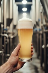 Hand holding glass of lager with white head in industrial brewery environment.