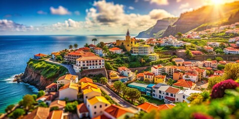 Naklejka premium Aerial View of Canico de Baixo, Madeira: Charming Holiday Resort Town on the Atlantic Coast