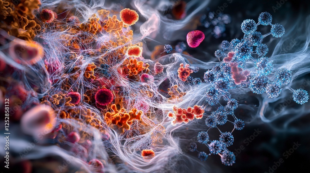 Poster Microbial communication glowing microorganisms in a vibrant environment science visualization abstract concept