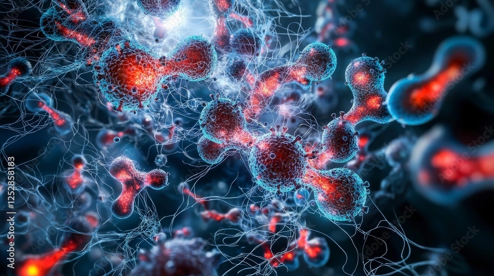 Poster Microbial communication glowing tiny microorganisms in a lab environment scientific visualization of interactions