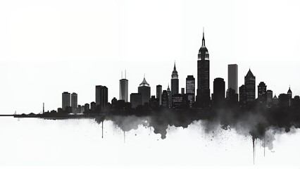 Obraz premium A striking black and white illustration of a city skyline, featuring iconic skyscrapers and a bridge. The reflection in the water adds depth and symmetry, creating a visually captivating urban scene.