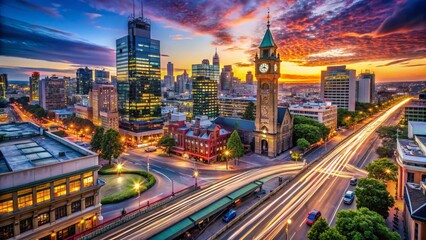 Fototapeta premium Aerial View of City Clock Tower with Fast-Moving Cars, Illustrating Time is Money Concept