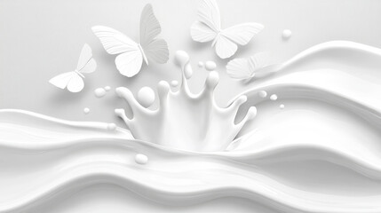 Naklejka premium Milk splash crown shape and white liquid silhouettes of flying butterflies isolated on gray wavy blurred background. Design element for advertising and packaging of natural dairy products or cosmetics