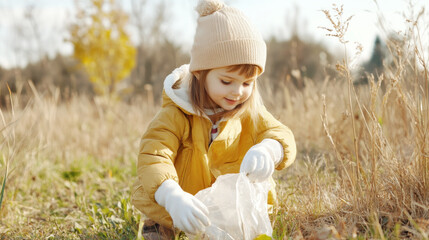 Cute child girl wearing wool hat and yellow sweater picking up plastic trash for cleaning in public park and outdoor of nature. Children learning to conserve the environment