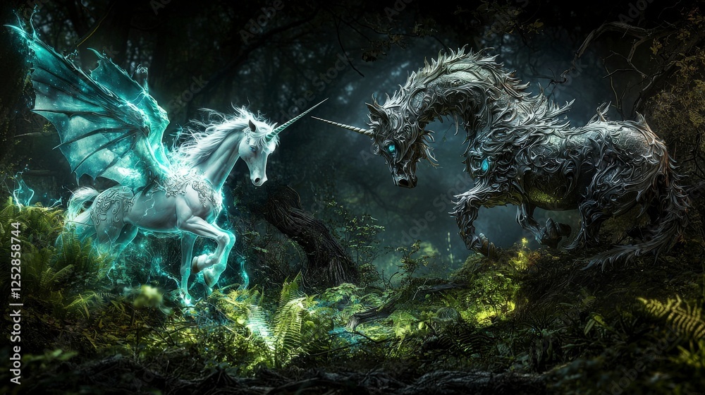 Poster enchanting encounter of mystical unicorns hidden forest fantasy art lush greenery captivating view l