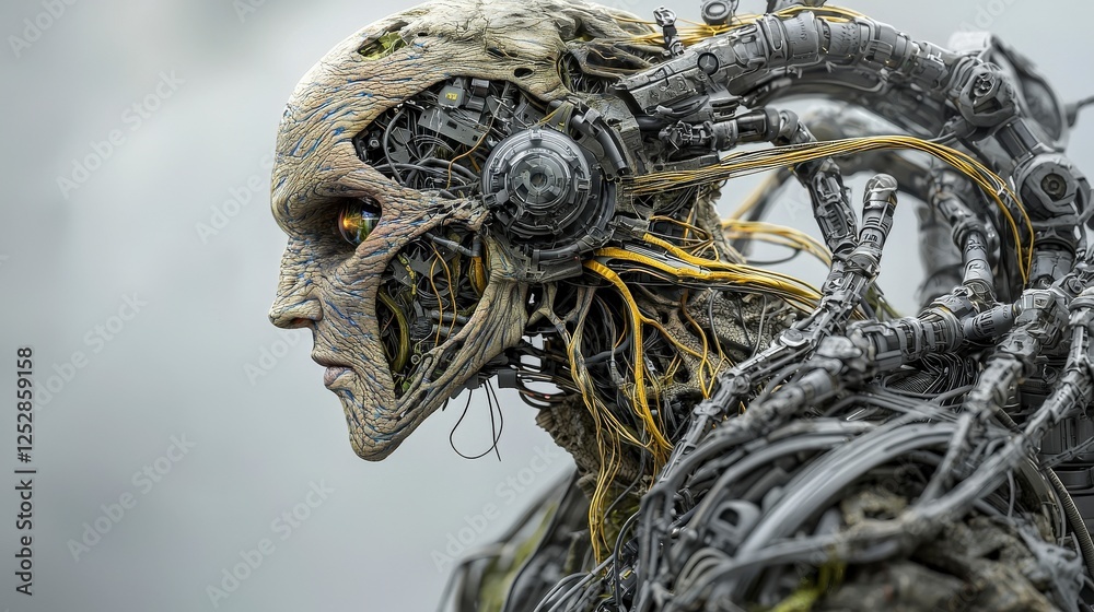 Poster futuristic organic robot creation high-tech lab digital art sci-fi environment close-up view innovat