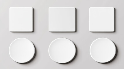Drink coasters mockup set - white clean square and round beverage mats shown from different angles with realistic shadows. Blank templates for company branding and home protection accessories.