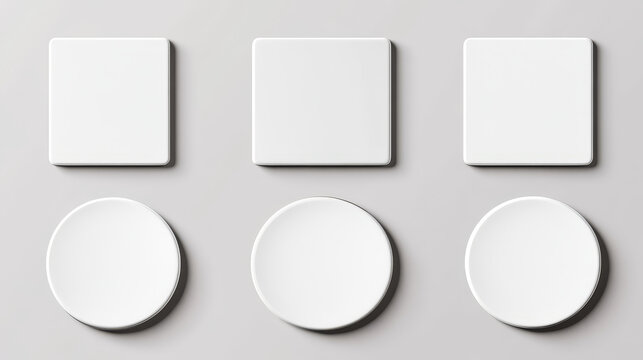 Drink coasters mockup set - white clean square and round beverage mats shown from different angles with realistic shadows. Blank templates for company branding and home protection accessories.