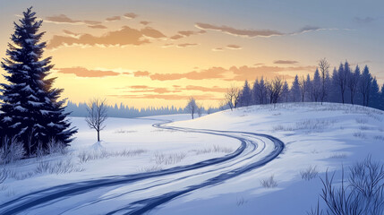 Obraz premium Rural landscape with fields, road and coniferous forest in winter. Vector cartoon illustration of countryside with path in snow and trees silhouettes on horizon