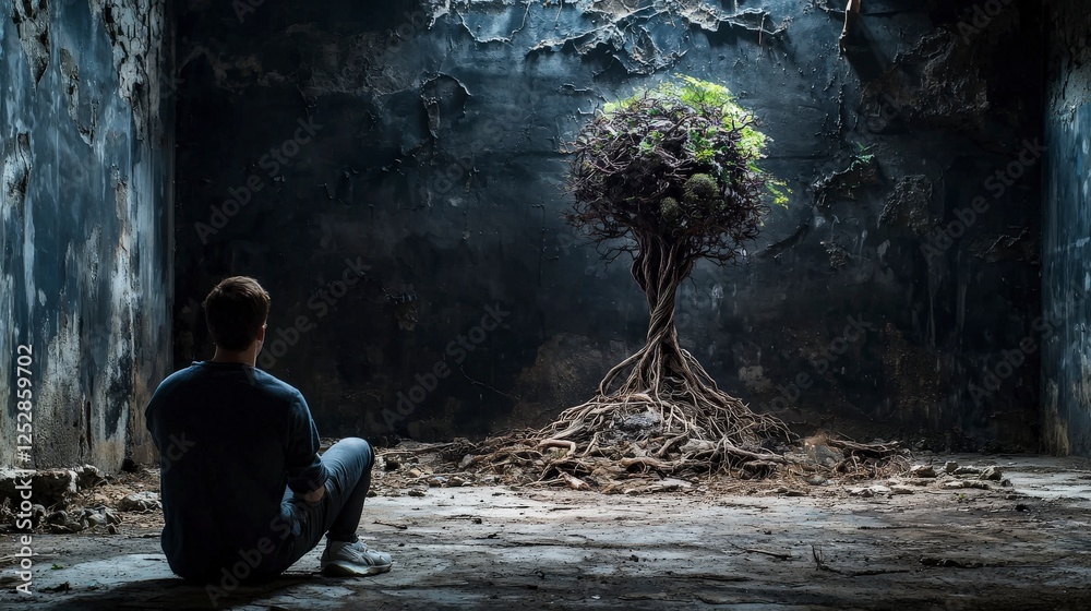 Aufkleber exploring inner growth a man contemplates life amidst a solitary tree in an abandoned space