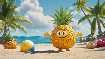 62. "An animated pineapple character with a beach ball, playing volleyball on a sandy beach with other fruits