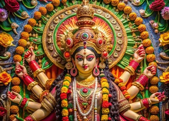 Fototapeta premium Aerial View of Dussehra Festival: Goddess Durga Idol Decorated for Navratri Celebration
