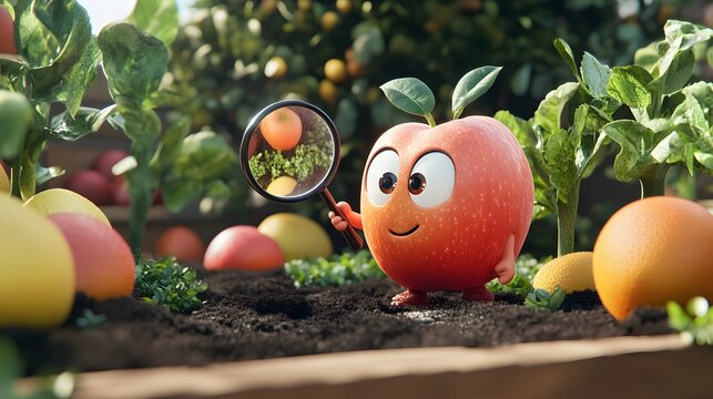 61. "A curious animated apple character with a magnifying glass, exploring a colorful fruit garden