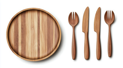 Wooden cutlery and round tray for pizza in restaurant or canteen. Vector realistic set of flatware and circle plate. Fork, spoons, knife and dish from wood or bamboo isolated on transparent background