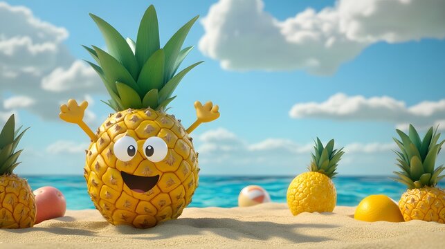 62. "An animated pineapple character with a beach ball, playing volleyball on a sandy beach with other fruits