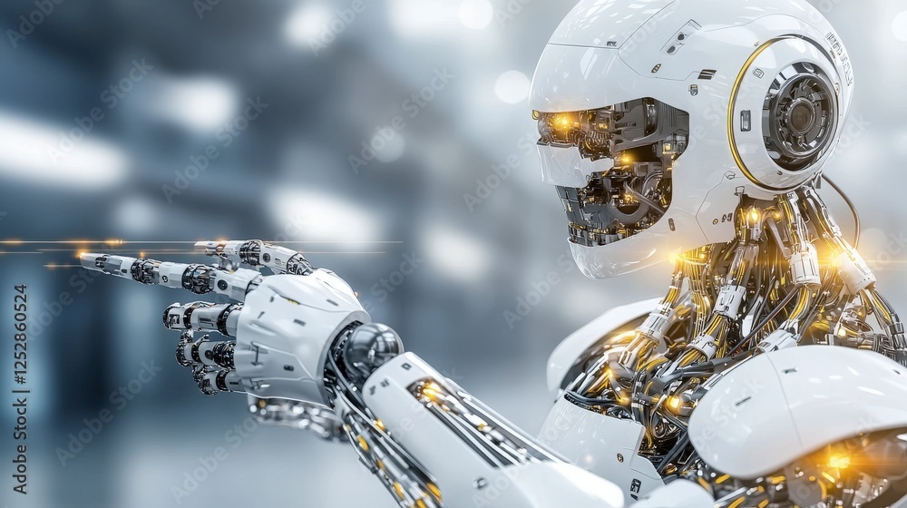 Poster exploring robothuman society a harmonious integration of technology and humanity in a futuristic env
