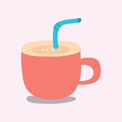 A hand draw simple illustration of a pink mug filled with cold coffee indicating it is a flexible straw