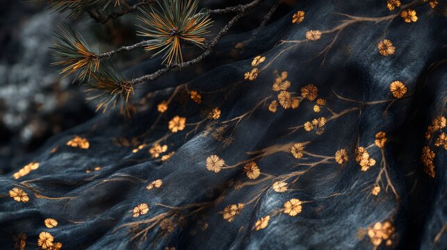 Elegant floral pattern in gold on dark fabric with a subtle pine needle accent evokes a sense of calm and understated sophistication