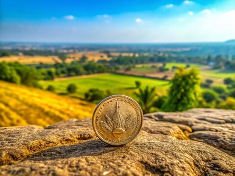 Aerial View of Five Rupee Indian Coin on Ground - Stock Photo