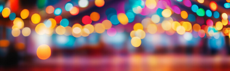 A modern circus ring with colorful spotlights shining, a clean area in the center for text, vibrant ambient tones, realistic textures, horizontal photography. Banner, background for your text