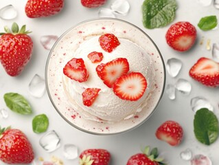 Delicious strawberry ice cream with whipped cream and sprinkles. A refreshing dessert perfect for warm weather.