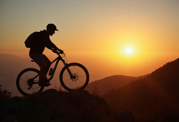Fototapeta premium Mountain Biker Riding Trail Silhouette at Sunset with Scenic Mountain View