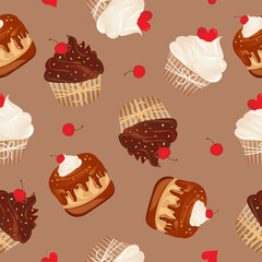 Seamless pattern for kitchen decor and more. Delicious cupcake with whipped cream and cherry. Vector cartoon illustration of sweet food.