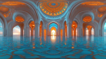 Majestic architectural interior with intricate designs, glowing lights, and serene reflections