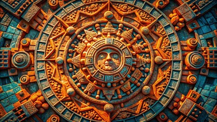Aerial View of Intricate Aztec Sun Stone Pattern in Vibrant Orange and Teal Hues