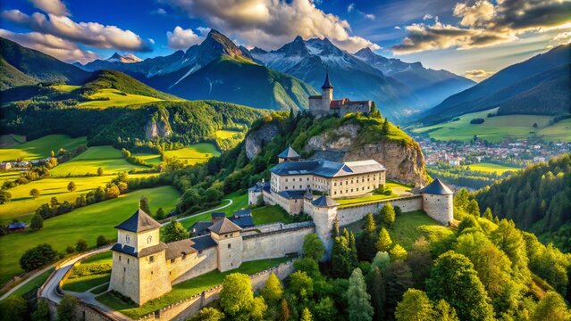 Aerial View of Kaprun Burg Castle, Majestic Austrian Fortress, Drone Photography