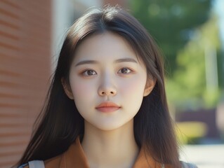 Obraz premium A young Asian woman with a stylish hairstyle and modern fashion, set against an urban outdoor backdrop.
