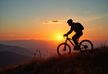 Naklejka premium Mountain Biker Silhouette Rides Along Hill at Sunset with Vibrant Colors