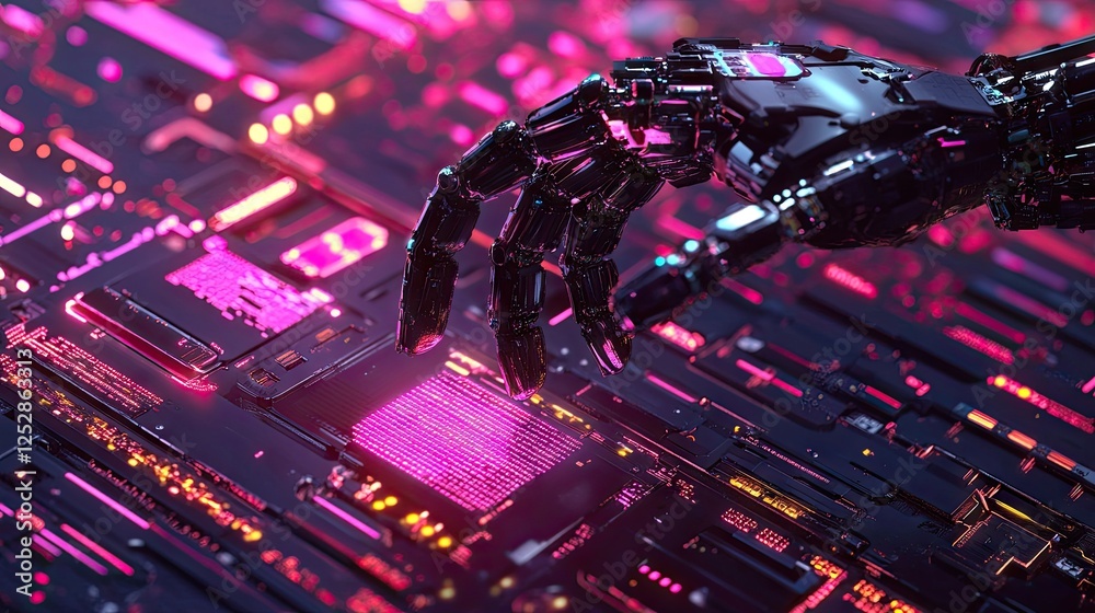 Poster a robotic hand scanning a matrix of encrypted data, illuminating security firewalls and ai pathways.
