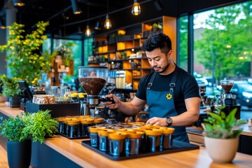 Fototapeta premium A barista pouring latte art at a trendy, urban cafe. Generative AI