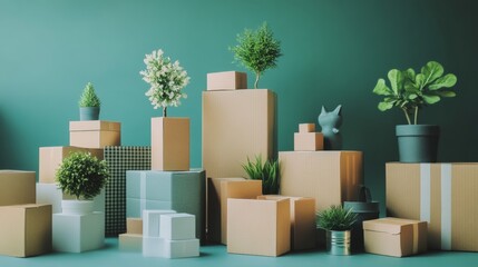 Green plants with gift boxes on colorful blocks