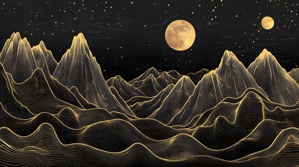 A golden line art landscape of mountains with the moon in a black background
