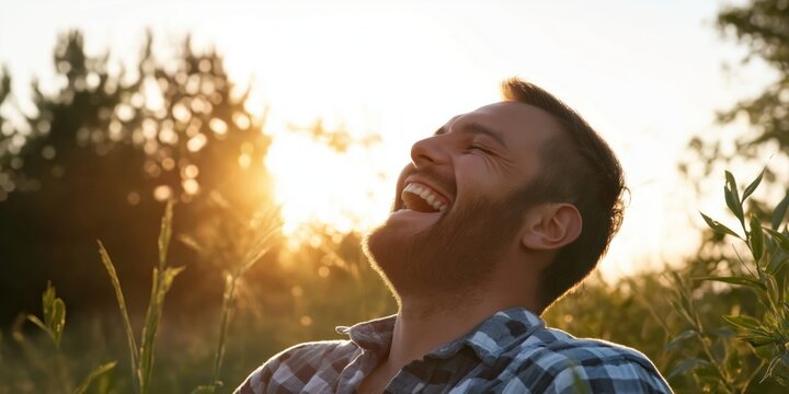 A man laughs joyfully in a sunlit field, embodying the pure essence of happiness and freedom outdoors.
